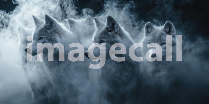 Guardians of the Mist: A pack of wolves emerges from the swirling fog, their eyes gleaming with intelligence and power