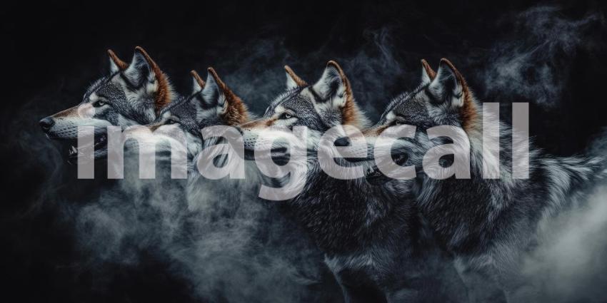 Guardians of the Mist: A pack of wolves emerges from the swirling fog, their eyes gleaming with intelligence and power