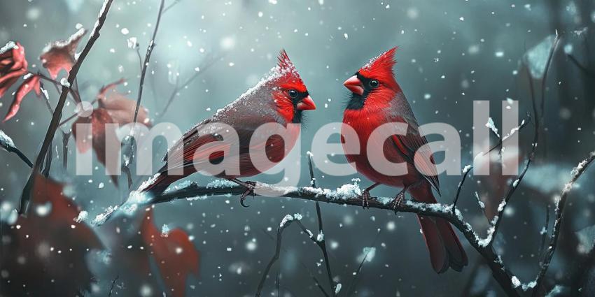 A Winter Tale: Two vibrant cardinals share a moment amidst a flurry of snowflakes, their crimson plumage a splash of color against the wintery backdrop