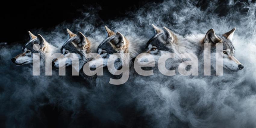 Guardians of the Mist: A pack of wolves emerges from the swirling fog, their eyes gleaming with intelligence and power