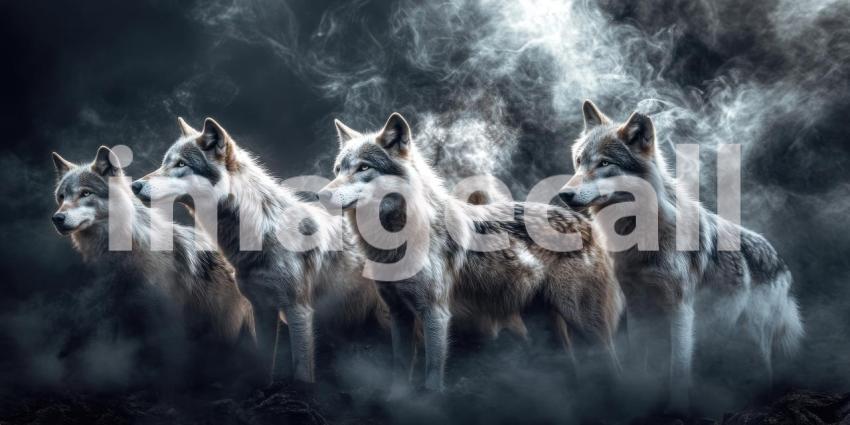 Guardians of the Mist: A pack of wolves emerges from the swirling fog, their eyes gleaming with intelligence and power