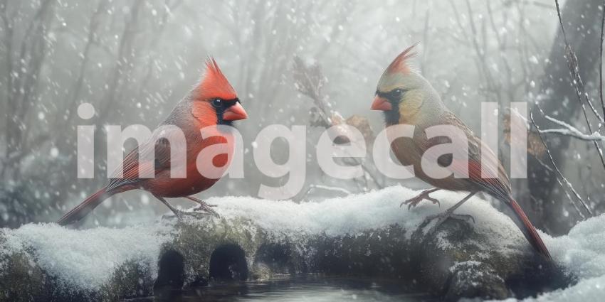A Winter Tale: Two vibrant cardinals share a moment amidst a flurry of snowflakes, their crimson plumage a splash of color against the wintery backdrop