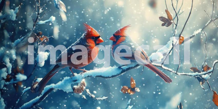 A Winter Tale: Two vibrant cardinals share a moment amidst a flurry of snowflakes, their crimson plumage a splash of color against the wintery backdrop