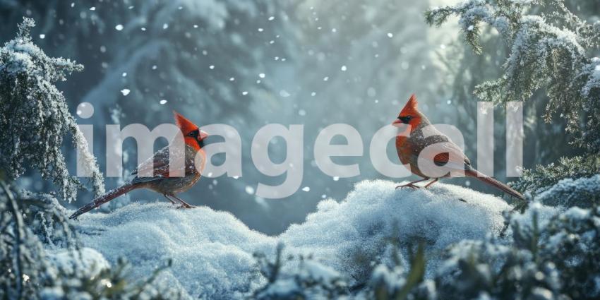 A Winter Tale: Two vibrant cardinals share a moment amidst a flurry of snowflakes, their crimson plumage a splash of color against the wintery backdrop