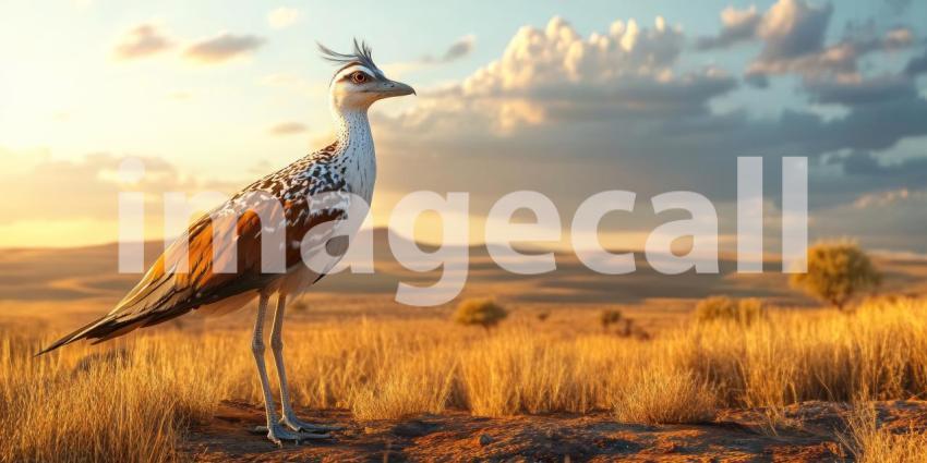 A Majestic Presence: A Kori Bustard surveys its domain, its regal stance and striking plumage commanding attention against the backdrop of a vast African landscape