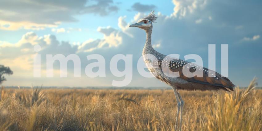A Majestic Presence: A Kori Bustard surveys its domain, its regal stance and striking plumage commanding attention against the backdrop of a vast African landscape
