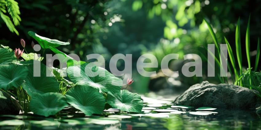 A lush bamboo thicket bathed in warm sunlight, showcasing vibrant green leaves and a sense of tranquility