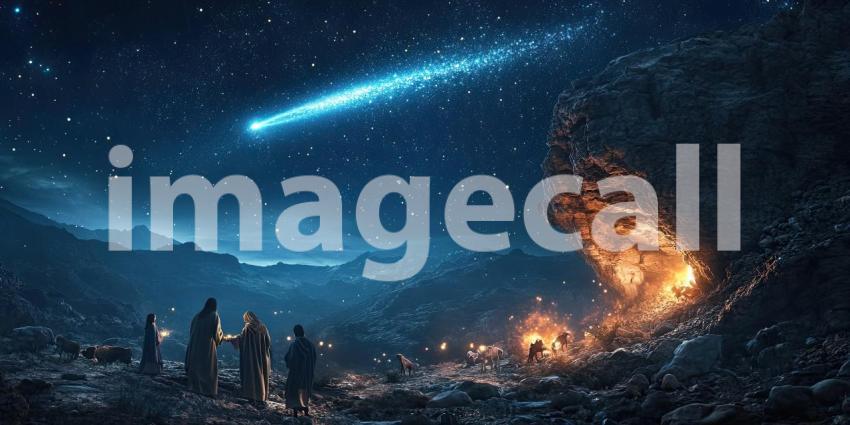 Nighttime Scene with a Bright Comet Illuminating the Starry Sky over a Historical Gathering of Robed Figures and Animals, with a Fire-Lit Cave in a Rugged Mountainous Landscape