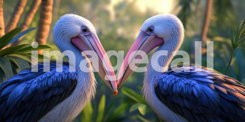 A Feathered Duet: Two vibrantly colored birds, a symphony of blue, yellow, and black, perch side-by-side on a weathered branch, engaged in a feathered conversation