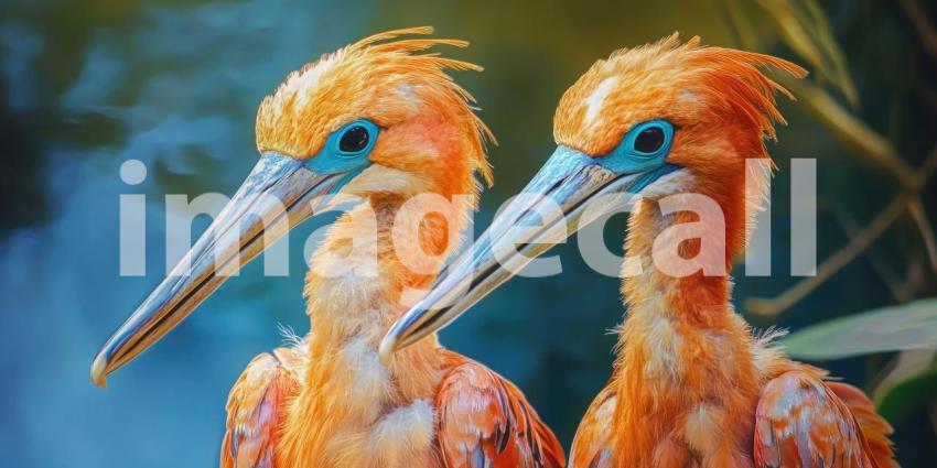 A Feathered Duet: Two vibrantly colored birds, a symphony of blue, yellow, and black, perch side-by-side on a weathered branch, engaged in a feathered conversation