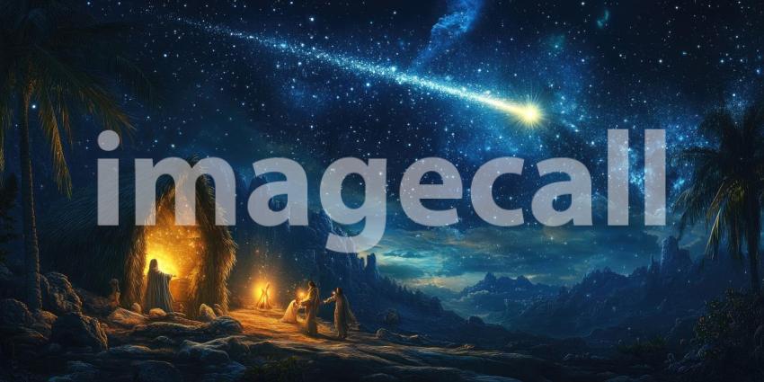 Nighttime Scene with a Bright Comet Illuminating the Starry Sky over a Historical Gathering of Robed Figures and Animals, with a Fire-Lit Cave in a Rugged Mountainous Landscape