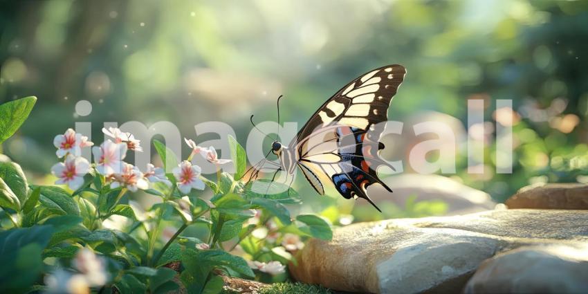 A vibrant swallowtail butterfly with intricate patterns rests on a delicate white flower, its wings spread wide in the warm sunlight