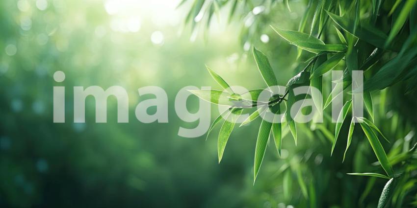 A lush bamboo thicket bathed in warm sunlight, showcasing vibrant green leaves and a sense of tranquility