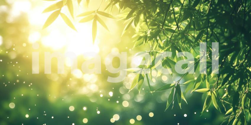 A lush bamboo thicket bathed in warm sunlight, showcasing vibrant green leaves and a sense of tranquility