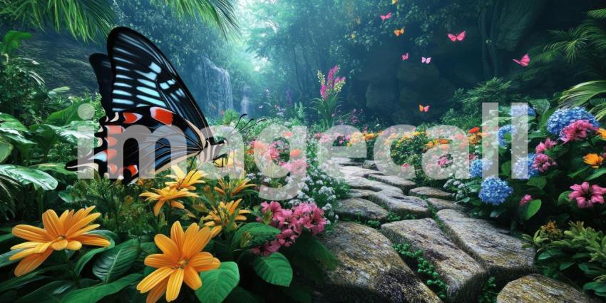 A vibrant swallowtail butterfly with intricate patterns rests on a delicate white flower, its wings spread wide in the warm sunlight