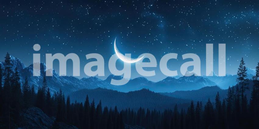 Celestial Serenade: A crescent moon hangs serenely in a sky awash with stars, casting a magical glow over the tranquil ocean