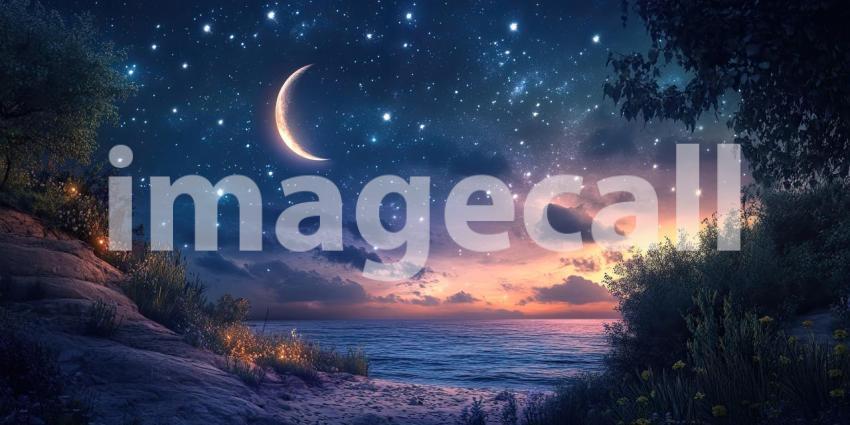 Celestial Serenade: A crescent moon hangs serenely in a sky awash with stars, casting a magical glow over the tranquil ocean
