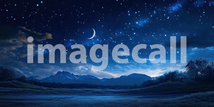 Celestial Serenade: A crescent moon hangs serenely in a sky awash with stars, casting a magical glow over the tranquil ocean