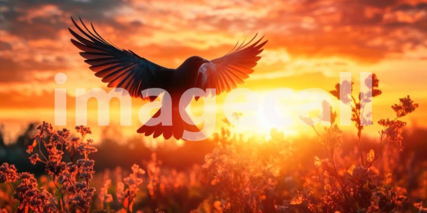 Wings of Freedom: A white dove soars through the air, bathed in the warm glow of the setting sun, symbolizing hope and liberation