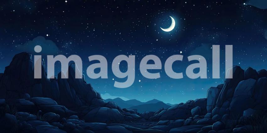 Celestial Serenade: A crescent moon hangs serenely in a sky awash with stars, casting a magical glow over the tranquil ocean