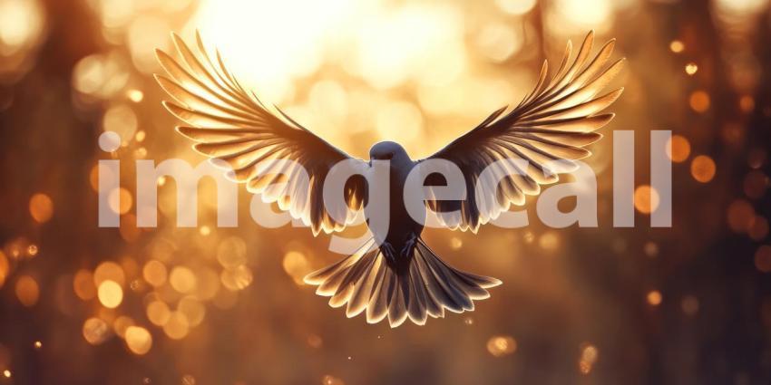 Wings of Freedom: A white dove soars through the air, bathed in the warm glow of the setting sun, symbolizing hope and liberation