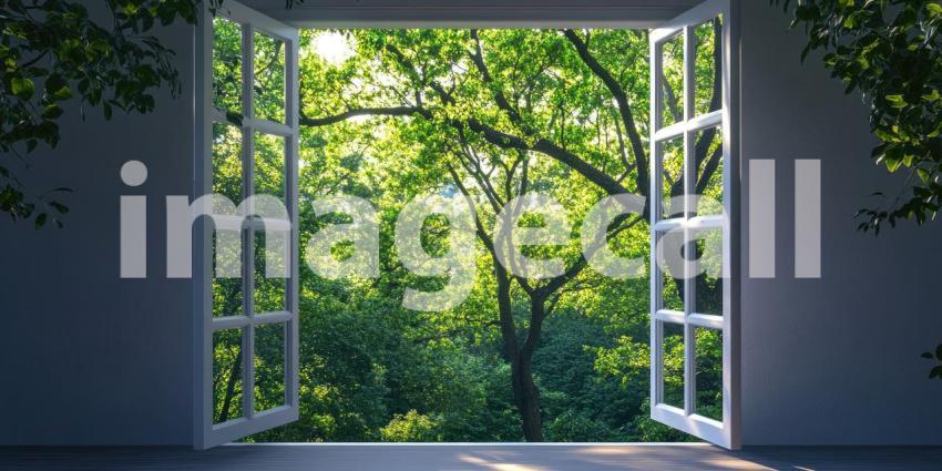 A Glimpse of Nature: An open window frames a lush green landscape, inviting a breath of fresh air and a sense of serenity