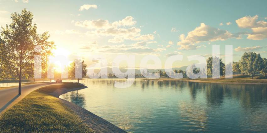 Serene Waters: A tranquil lake nestled amidst a picturesque forest, reflecting the vibrant hues of a sun-drenched sky