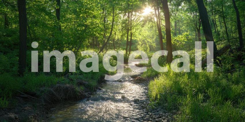 Serene Waters: A tranquil lake nestled amidst a picturesque forest, reflecting the vibrant hues of a sun-drenched sky