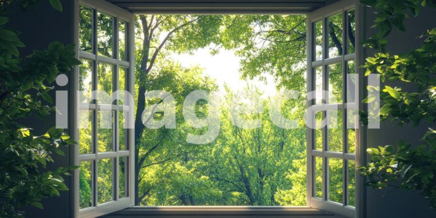A Glimpse of Nature: An open window frames a lush green landscape, inviting a breath of fresh air and a sense of serenity
