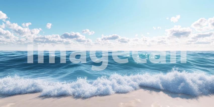 Paradise Found: A pristine beach beckons with soft white sand, gentle waves lapping at the shore, and a backdrop of lush palm trees and majestic mountains