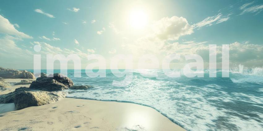 Paradise Found: A pristine beach beckons with soft white sand, gentle waves lapping at the shore, and a backdrop of lush palm trees and majestic mountains