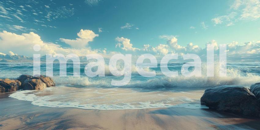 Paradise Found: A pristine beach beckons with soft white sand, gentle waves lapping at the shore, and a backdrop of lush palm trees and majestic mountains