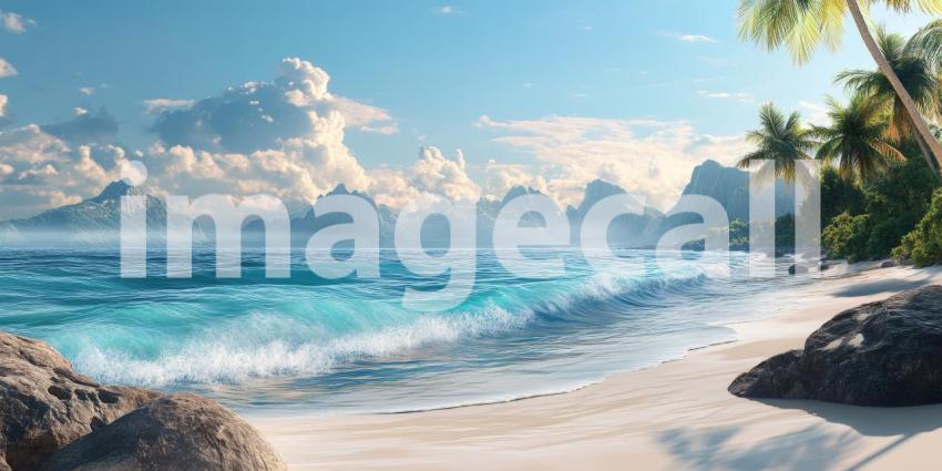 Paradise Found: A pristine beach beckons with soft white sand, gentle waves lapping at the shore, and a backdrop of lush palm trees and majestic mountains