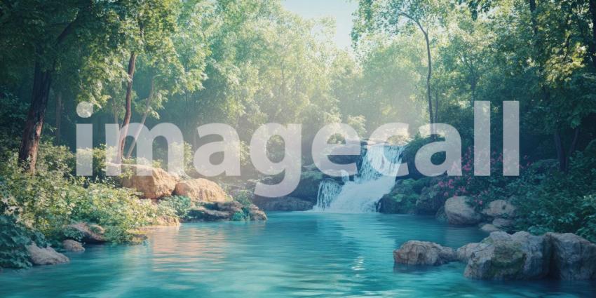 Serene Waters: A tranquil lake nestled amidst a picturesque forest, reflecting the vibrant hues of a sun-drenched sky