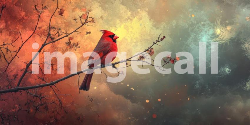 Crimson Majesty: A vibrant cardinal perches gracefully on a bare branch, its fiery plumage contrasting against the muted hues of the winter sky