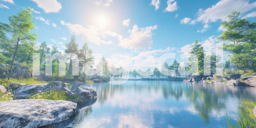 Serene Waters: A tranquil lake nestled amidst a picturesque forest, reflecting the vibrant hues of a sun-drenched sky