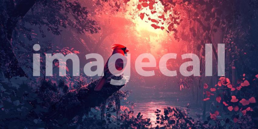 Crimson Majesty: A vibrant cardinal perches gracefully on a bare branch, its fiery plumage contrasting against the muted hues of the winter sky