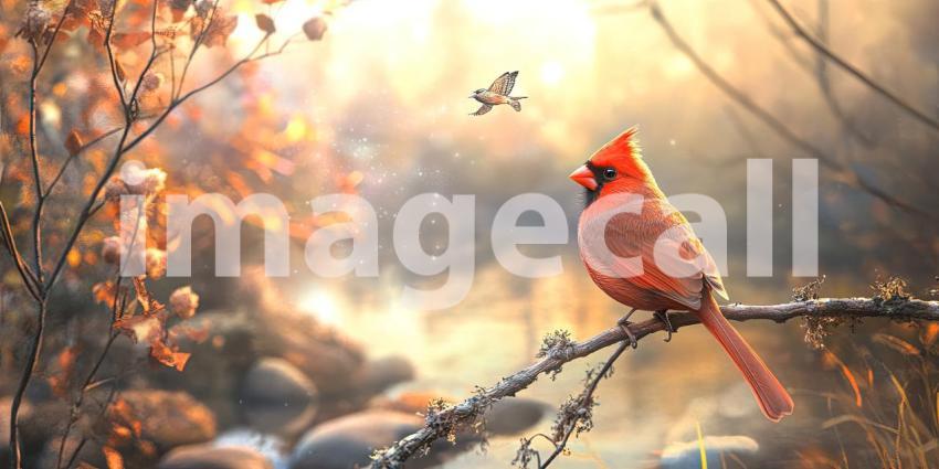 Crimson Majesty: A vibrant cardinal perches gracefully on a bare branch, its fiery plumage contrasting against the muted hues of the winter sky