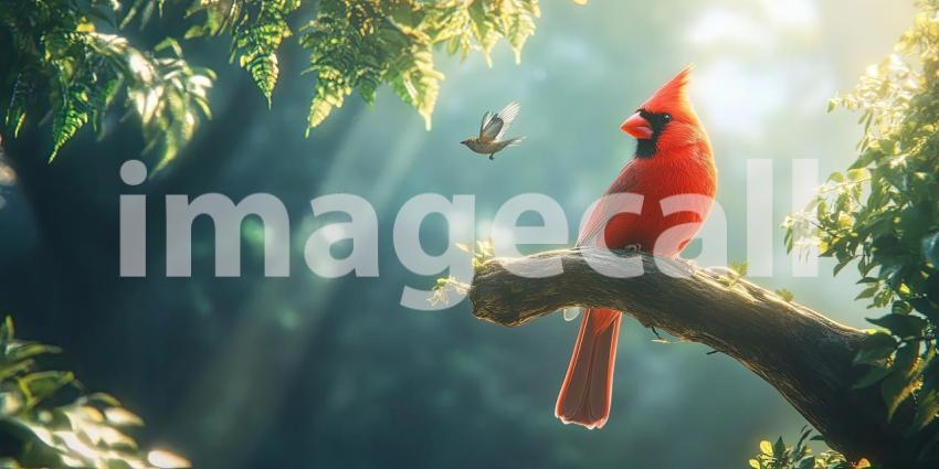 Crimson Majesty: A vibrant cardinal perches gracefully on a bare branch, its fiery plumage contrasting against the muted hues of the winter sky