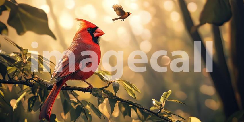 Crimson Majesty: A vibrant cardinal perches gracefully on a bare branch, its fiery plumage contrasting against the muted hues of the winter sky