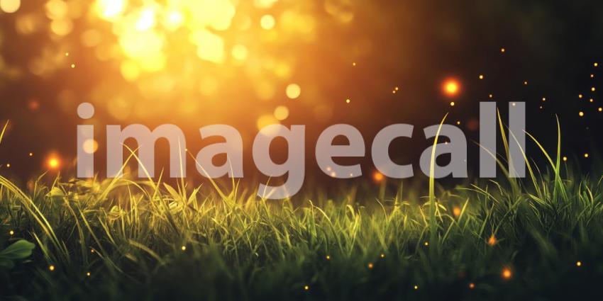 A vibrant field of lush green grass basking in the warm glow of the setting sun, with a bokeh effect adding a touch of magic