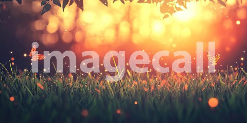 A vibrant field of lush green grass basking in the warm glow of the setting sun, with a bokeh effect adding a touch of magic