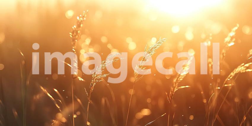 A vibrant field of lush green grass basking in the warm glow of the setting sun, with a bokeh effect adding a touch of magic