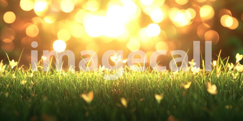 A vibrant field of lush green grass basking in the warm glow of the setting sun, with a bokeh effect adding a touch of magic