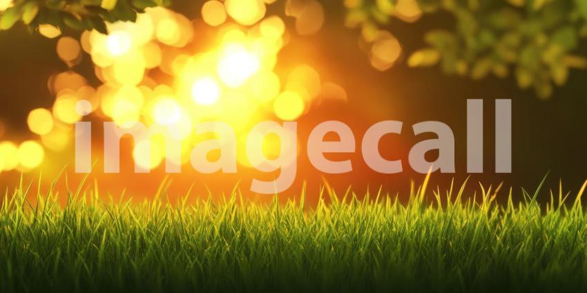 A vibrant field of lush green grass basking in the warm glow of the setting sun, with a bokeh effect adding a touch of magic