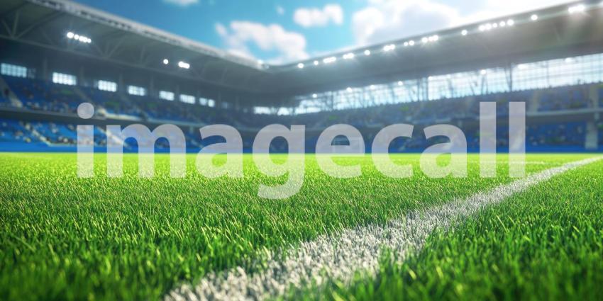 A close-up view of a freshly cut soccer field, with the white lines marking the pitch and a vibrant blue stadium in the background