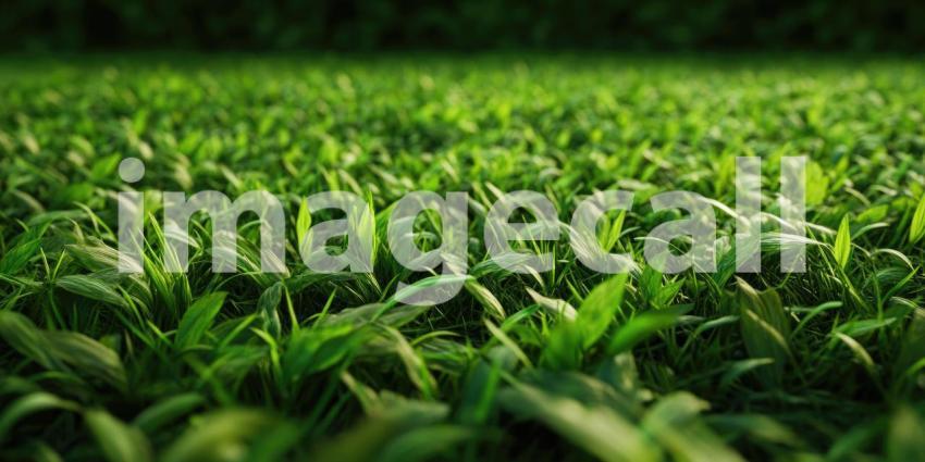 A close-up view of a freshly cut soccer field, with the white lines marking the pitch and a vibrant blue stadium in the background