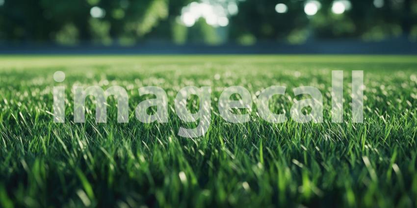 A close-up view of a freshly cut soccer field, with the white lines marking the pitch and a vibrant blue stadium in the background