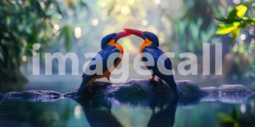 A Feathered Duet: Two vibrantly colored birds, a symphony of blue, yellow, and black, perch side-by-side on a weathered branch, engaged in a feathered conversation
