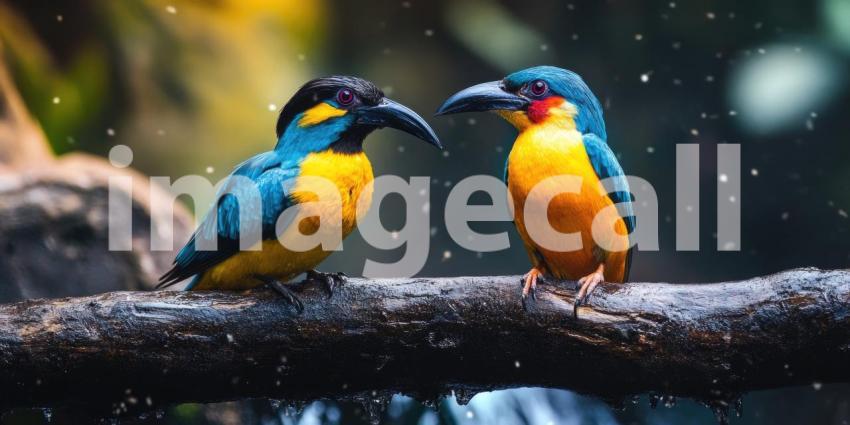 A Feathered Duet: Two vibrantly colored birds, a symphony of blue, yellow, and black, perch side-by-side on a weathered branch, engaged in a feathered conversation